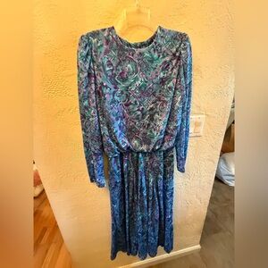 Vintage Stuart Alan Vibrant Floral Long Sleeve Dress Blue Purple Women’s Sz 12